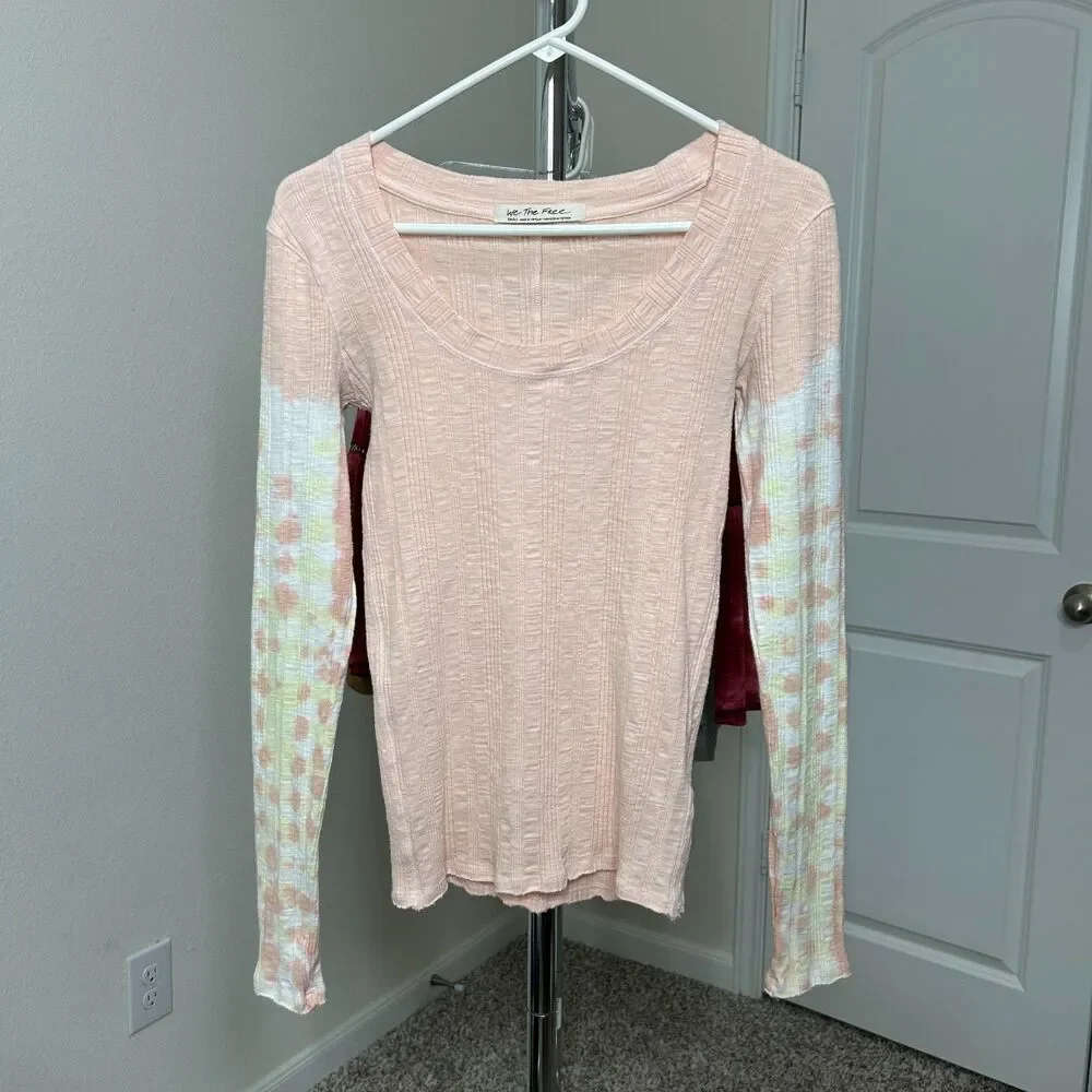 Free People Big Sur Tee Pink Tie Dye Thermal Knit Scoop Neck Top Small